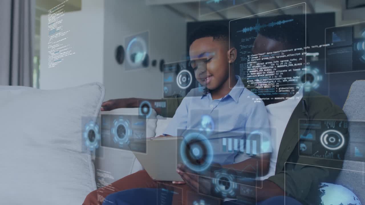 Animation of diverse data over happy african american father and son having fun at home