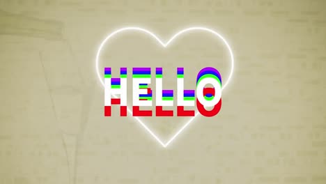 animation of hello text banner over neon heart icon against grey background