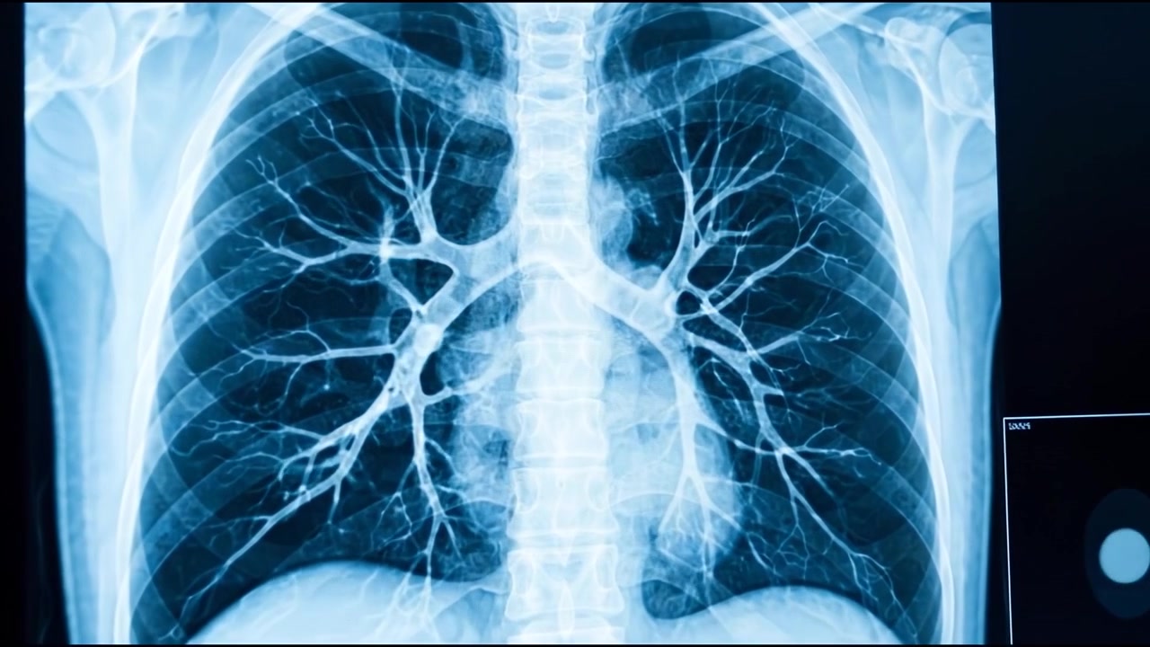 Scansione Radiografica Medica dei Polmoni Umani su Monitor Digitale