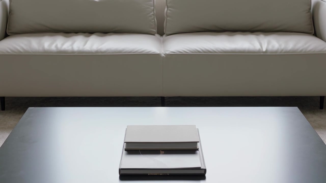 Panning camera shifting at home, revealing coffee table with small center stack showing composition