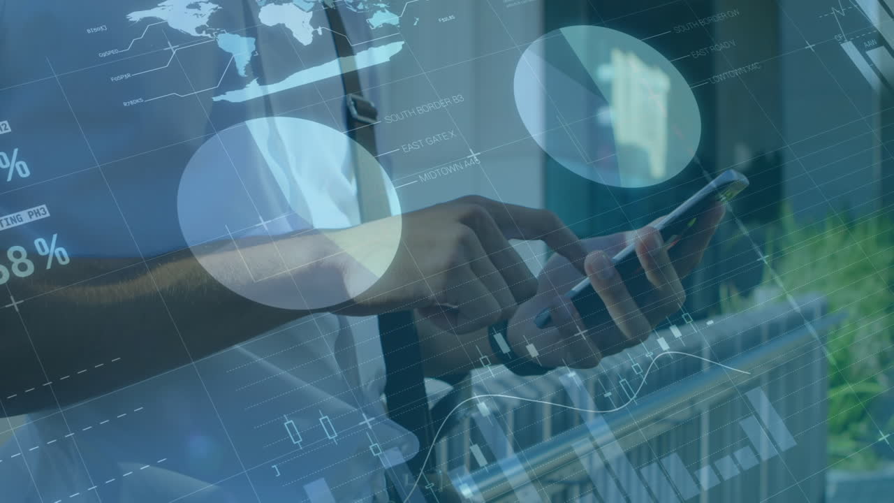 Animation of financial data processing over biracial businessman using smartphone