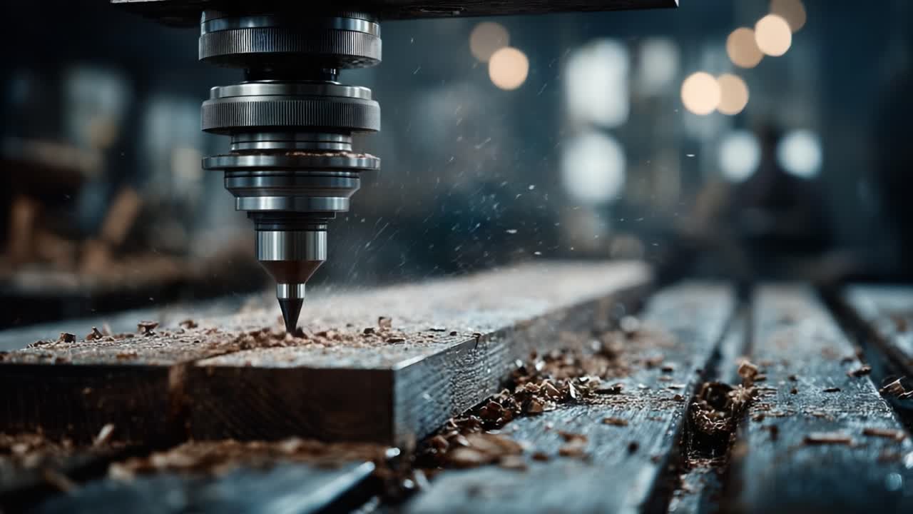 Precision Craftsmanship: A Close-Up on a High-Tech CNC Router at Work, Shaping Wood with Impressive Detail in a Dimly Lit Workshop