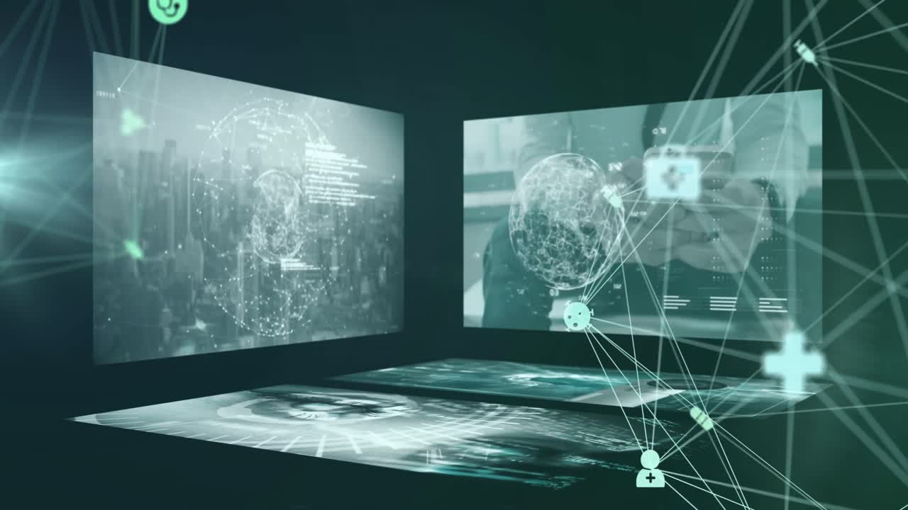 Animation of network of connections over data processing on screens