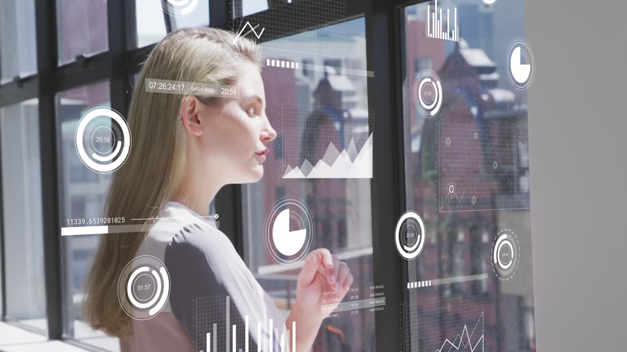 Animation of graphs, changing numbers, loading circles bars, circles, thoughtful caucasian woman