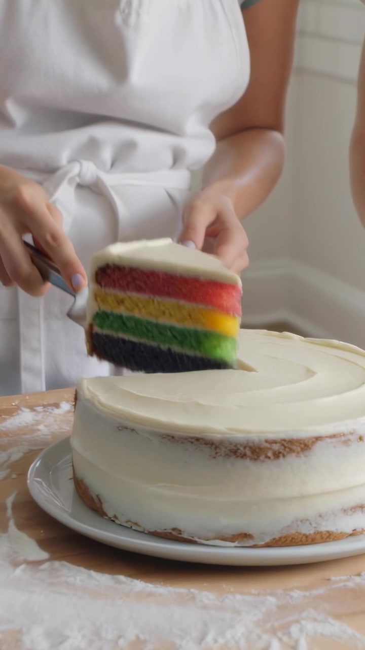 Video verticale: Donna con il grembiule che stende la glassa e taglia una torta in cucina, mostrando una fetta arcobaleno.