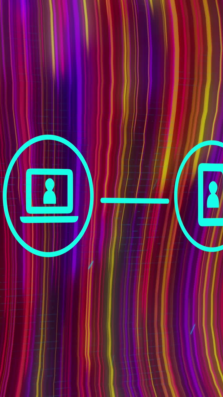 animación de iconos tecnológicos en un fondo cambiante multicolor