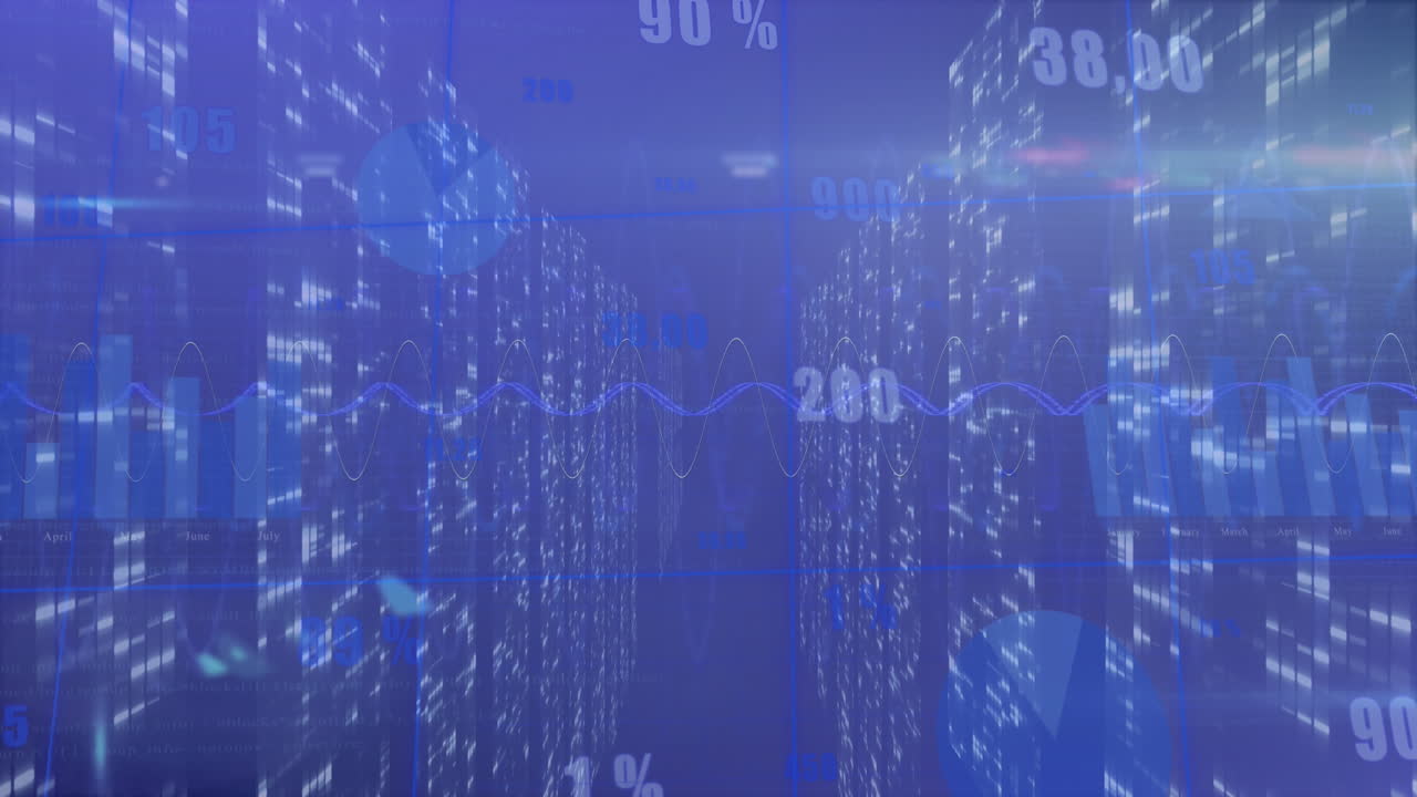 Animation of statistical data processing over screens of mosaic squares against blue background