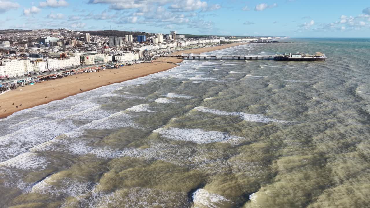 Rough seas Brighton Beach UK drone,aerial blue skys