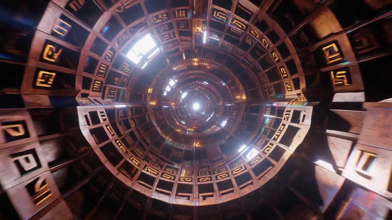 Futuristický tunel se zářícími starověkými symboly a rotujícími prstenci