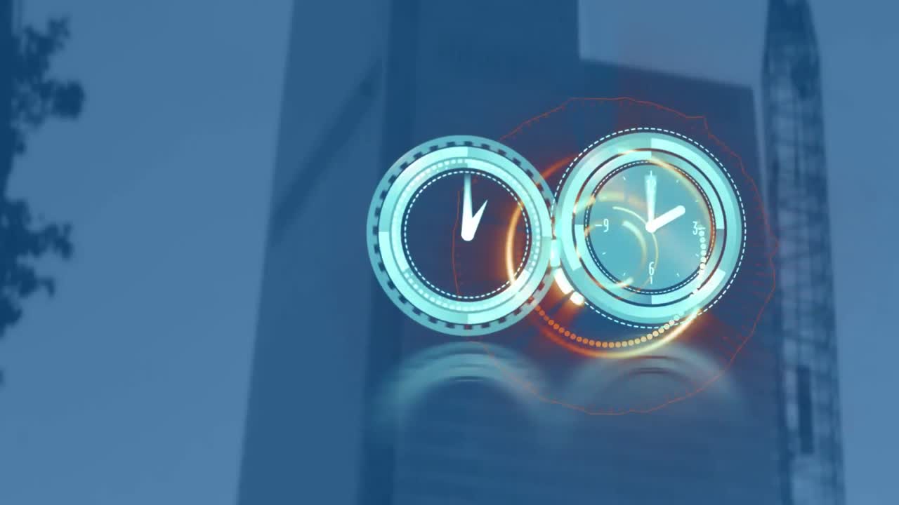 Animation of scope scanning and clocks over cityscape