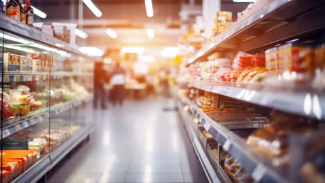 a dynamic video scene in a supermarket aisle, captured from a low-angle, showcasing shelves filled