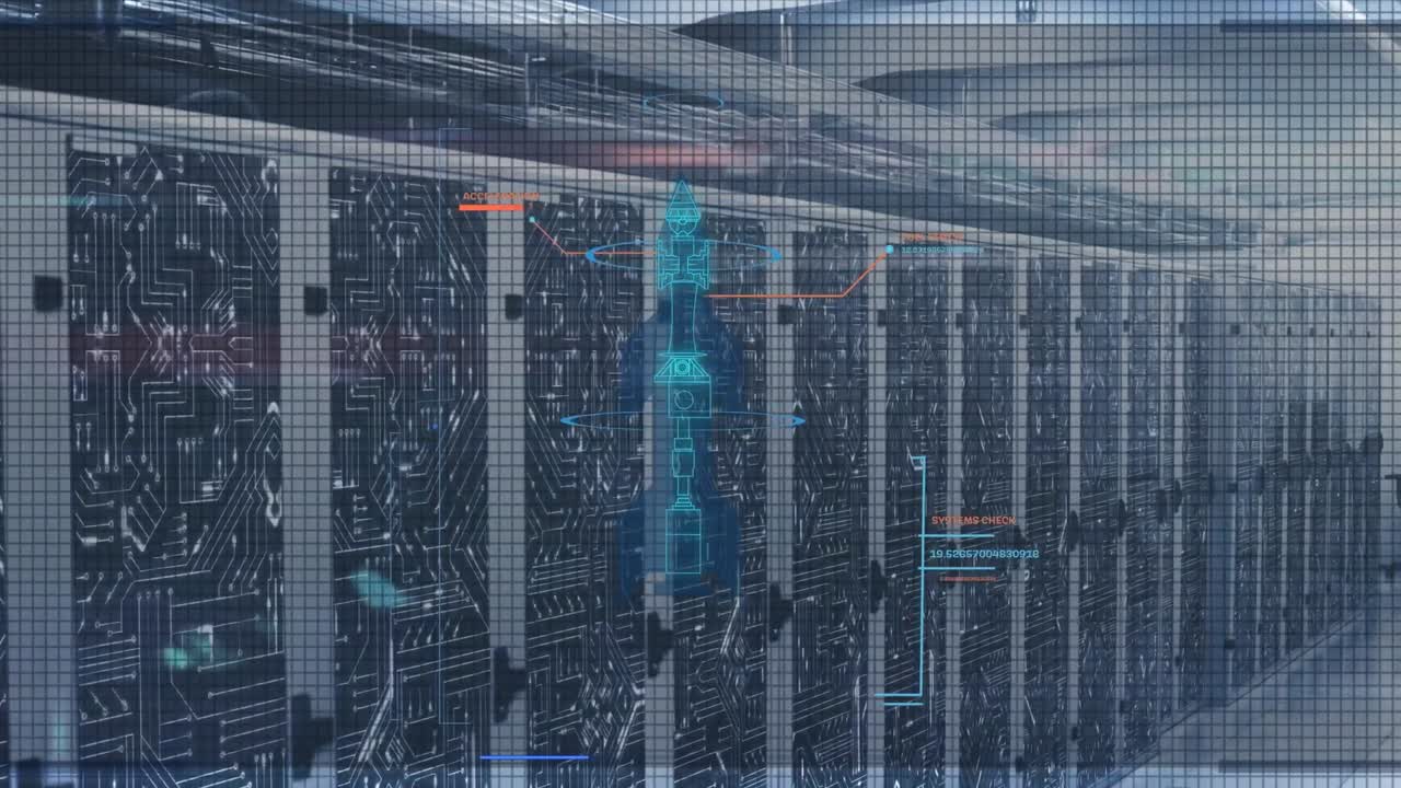 Animation of data processing and computer circuit board over server room