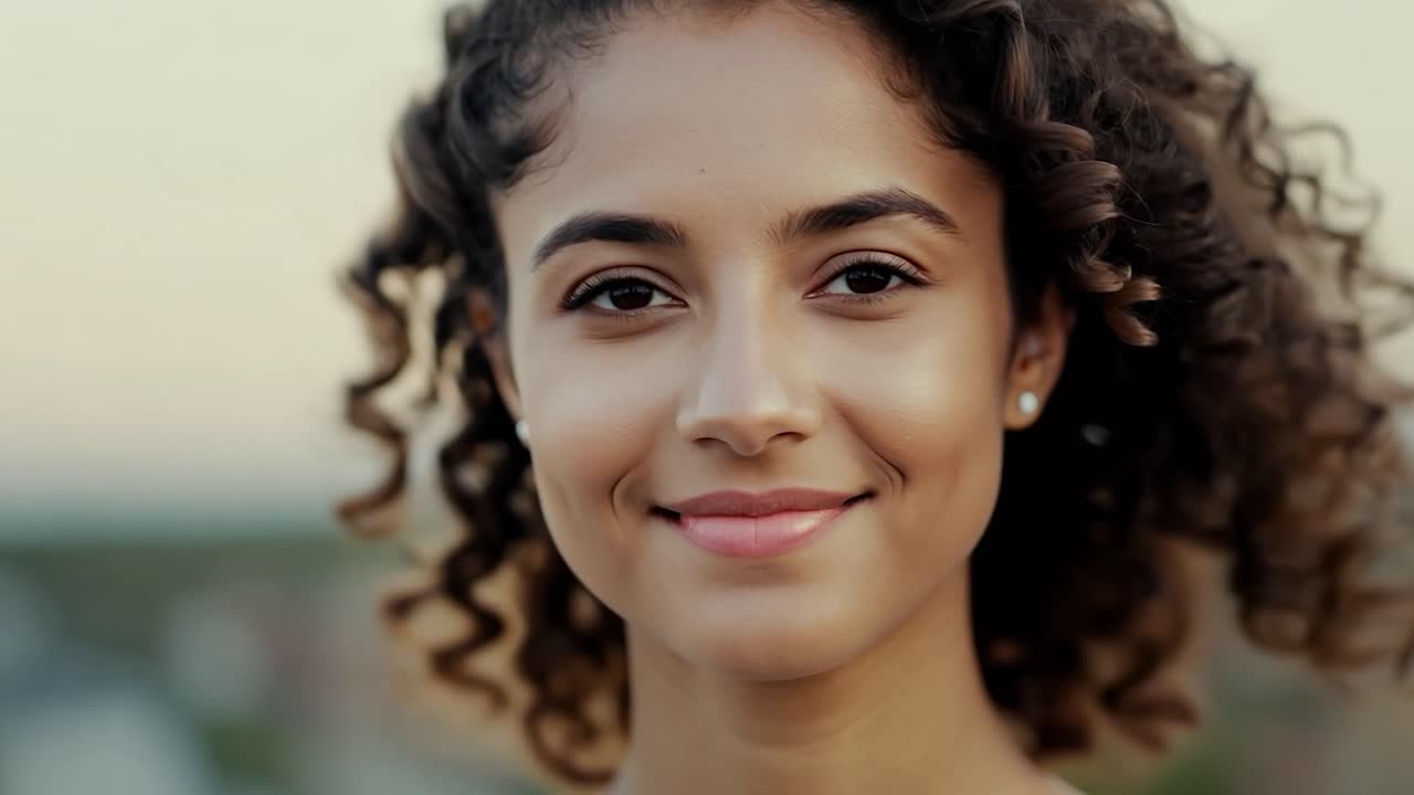 Retrato, de, un, sonriente, mujer joven, con, pelo rizado