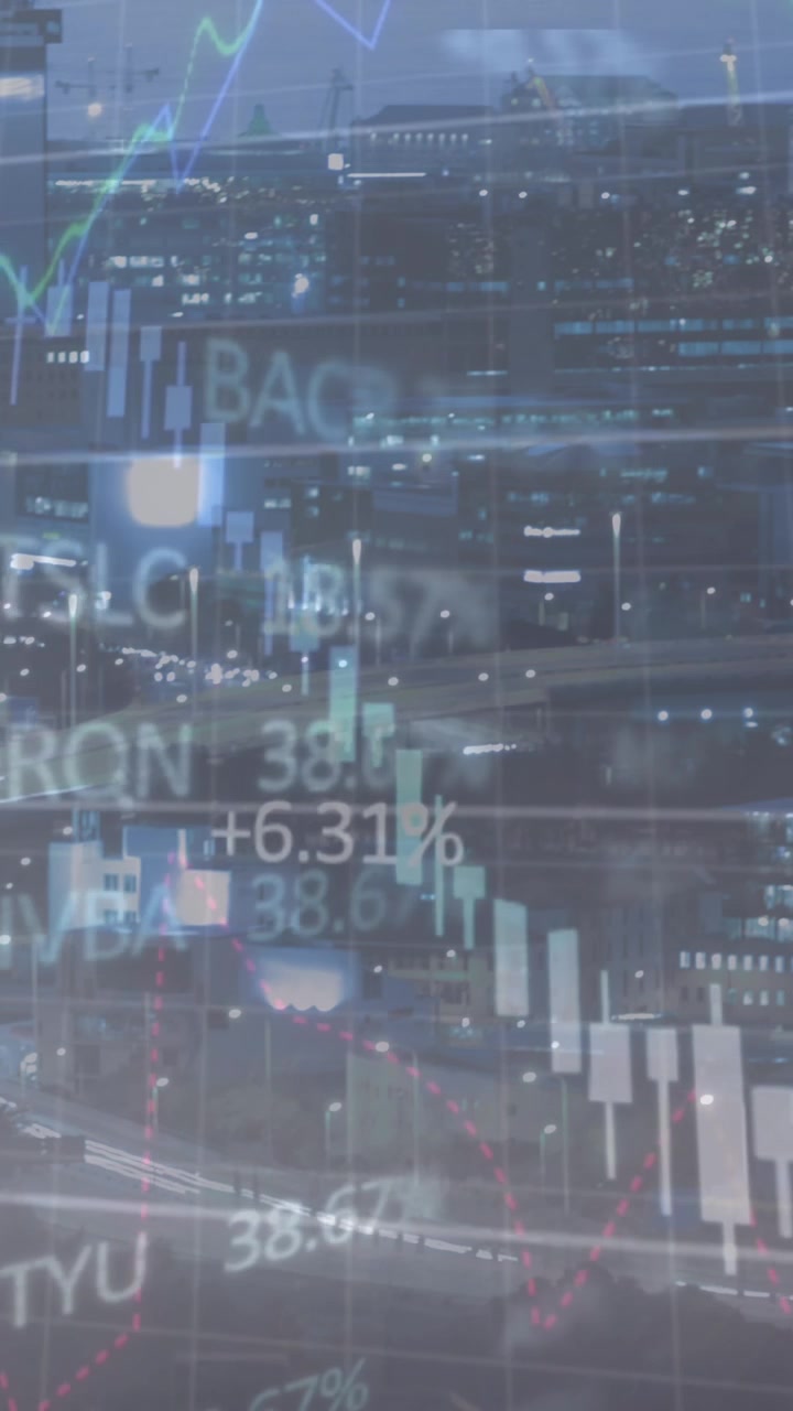 Animation of financial data processing over cityscape