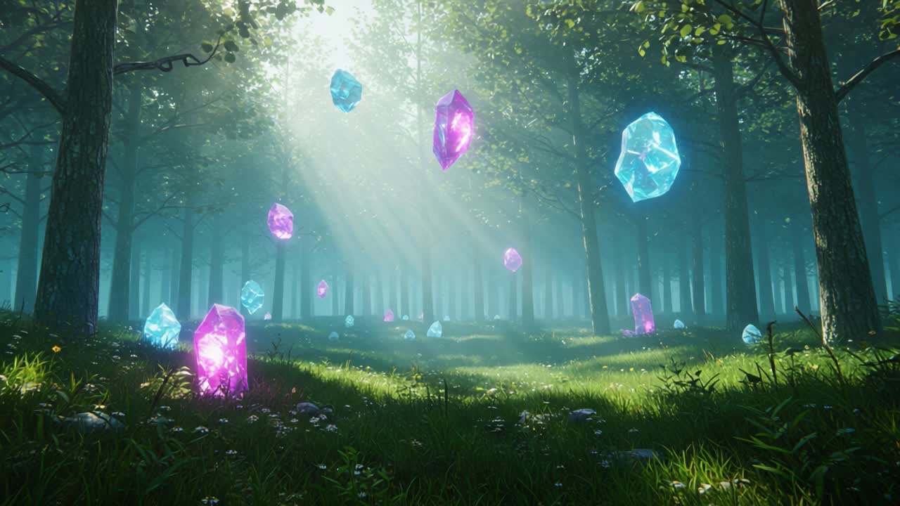 A Mystical Forest Scene Illuminated by Ethereal Crystals: A Journey Through Enchantment and Nature’s Wonders Amidst Lush Greenery and Radiant Light