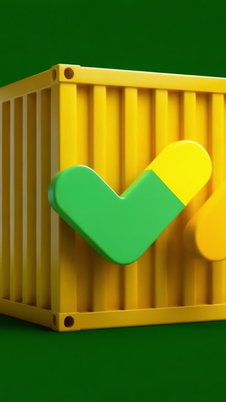 Un contenitore giallo vibrante che mostra un segno di spunta stilizzato verde e giallo, a simboleggiare approvazione, positività e compiti completati, su uno sfondo verde tinta unita