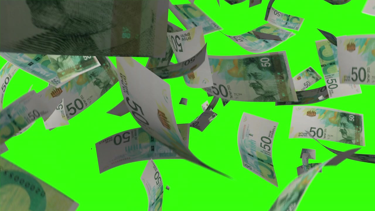 Geldregen: 50 israelische Schekel-Banknoten fallen auf Greenscreen