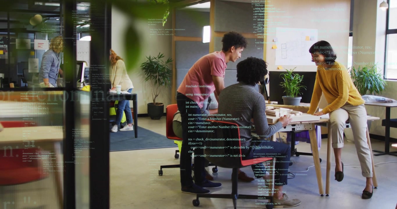Team logging into PCs launching code overlay for software, collaborating while pointing sketches