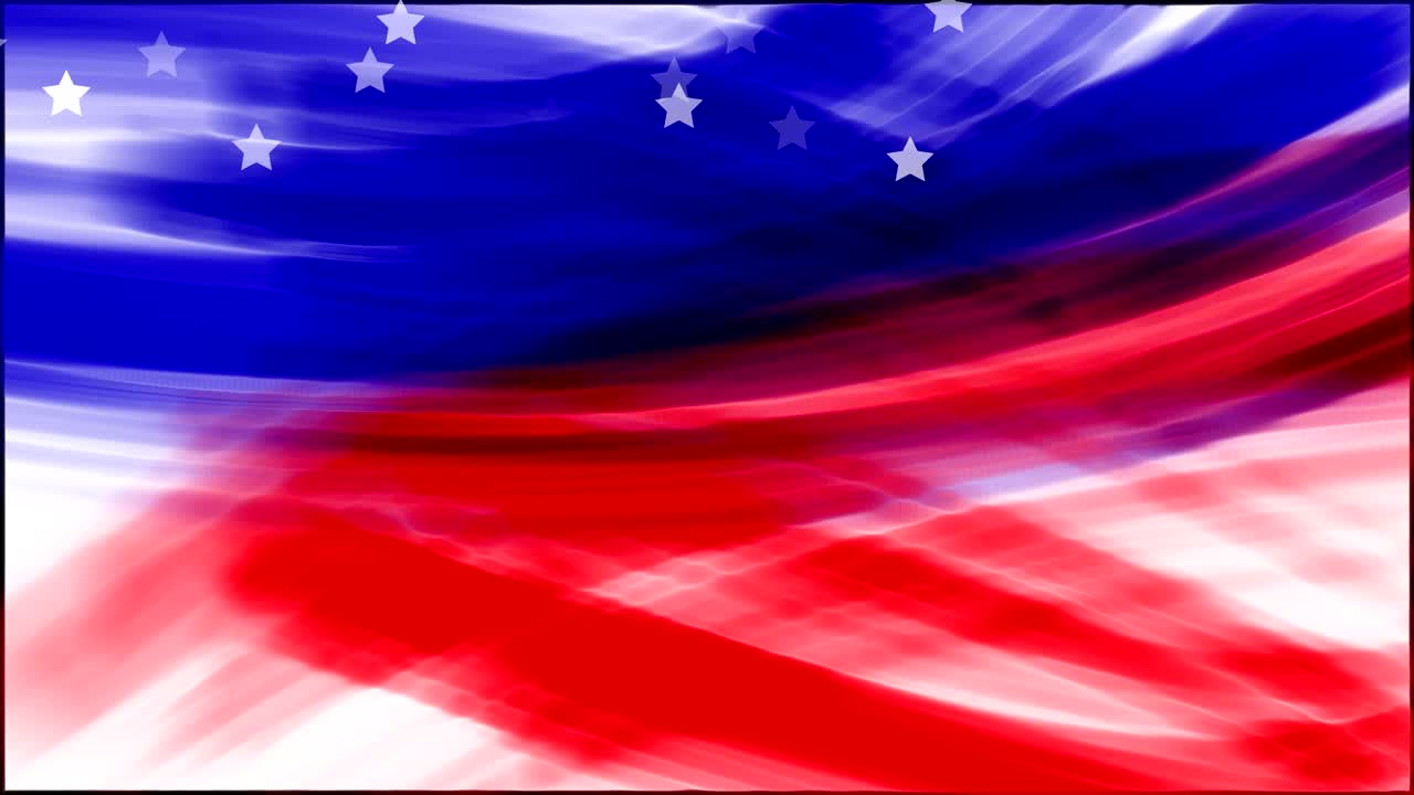 Fundo animado com desenho abstrato grunge da bandeira dos EUA. Pinceladas de aquarela azuis e vermelhas, estrelas brancas caindo. Modelo para banner de feriado nacional dos EUA, cartão de felicitações, convite, pôster, flyer, etc.