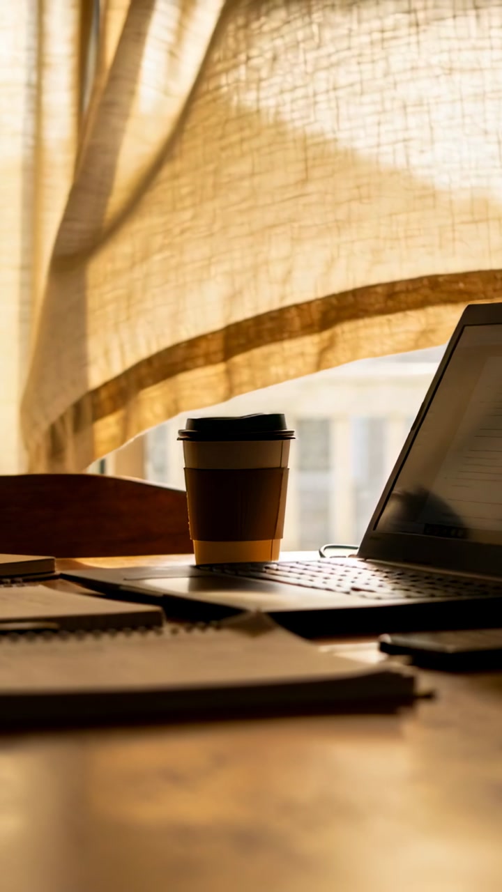 Curtain billowing, takeaway coffee cup sitting on table by window, letting sunlight in with laptop