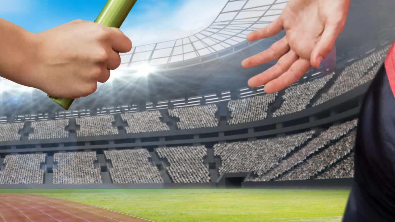 Animation of athlete's hands passing relay baton over sports stadium