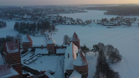 aerial view of trakai island castle in winter time