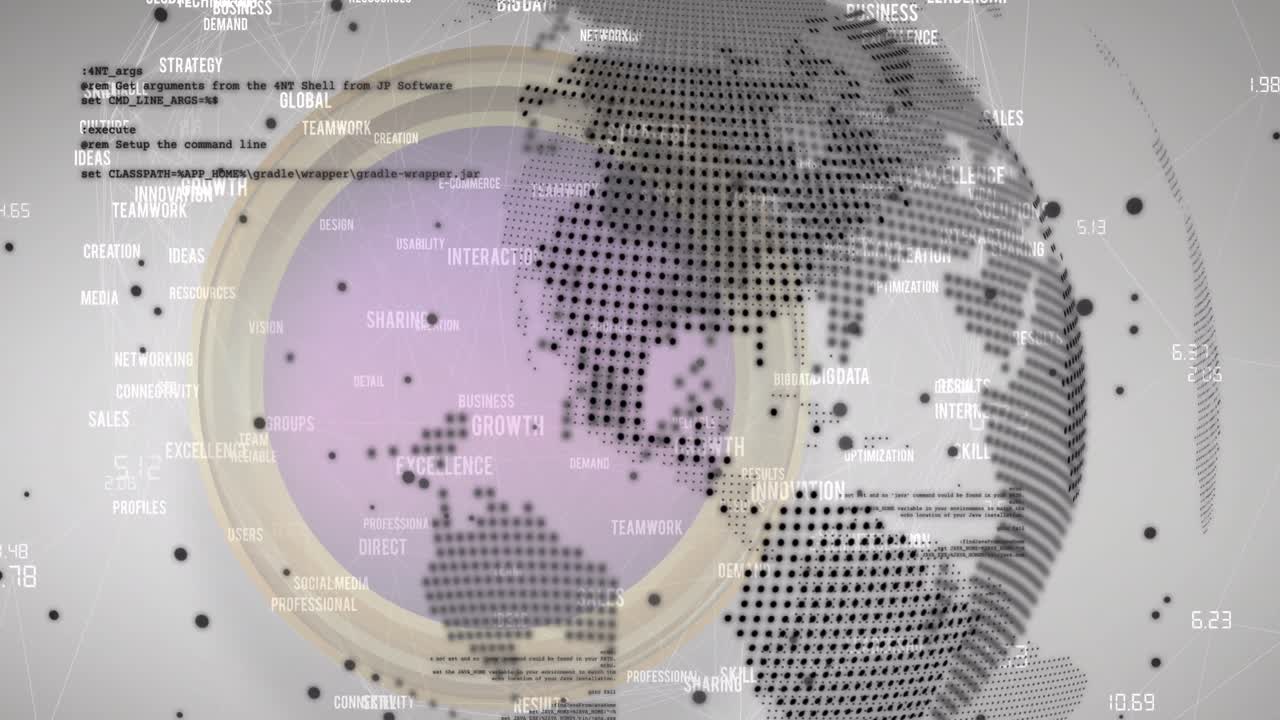 animación del globo y procesamiento de datos a través de una red de conexiones