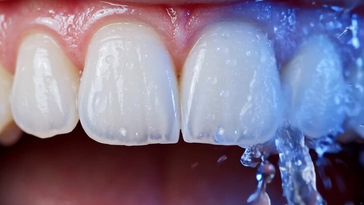 Vista macro di un getto di idropulsore che spruzza acqua scintillante tra denti umani puliti durante l'igiene orale