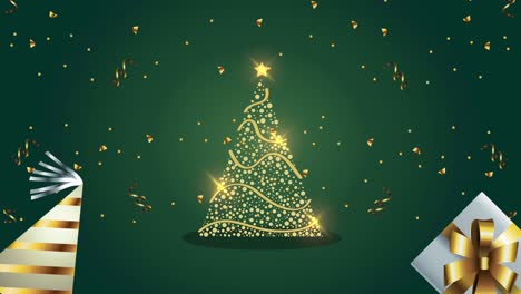 feliz animación de navidad con árbol de oro y regalos