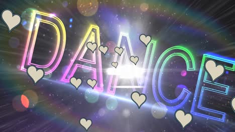 animation of hearts over neon dance text and spots of light in background