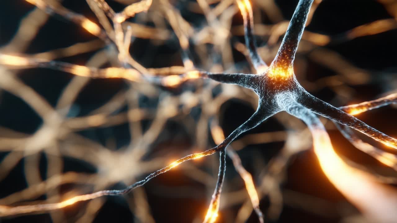 Artistic 3D animation of brain neurons firing electrical impulses, communicating through axons and synapses in a neural network. This conceptual video represents memory, thought, and consciousness