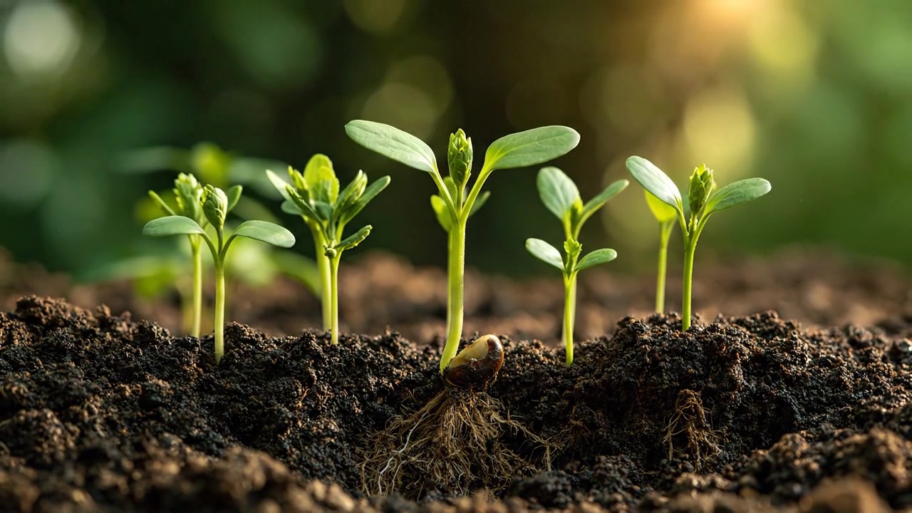 Young green seedlings growing from moist soil in natural sunlight in detailed scientific footage