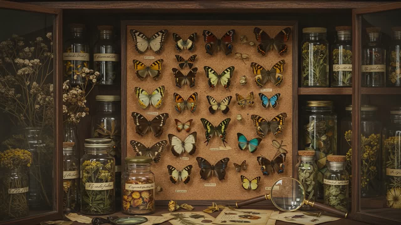 A Cherished Collection of Colorful Butterflies Displayed in an Elegant Cabinet Surrounded by Nature's Bounty of Preserved Specimens and Botanical Treasures