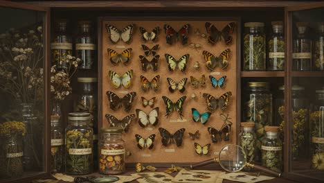 a cherished collection of colorful butterflies displayed in an elegant cabinet surrounded by nature's bounty of preserved specimens and botanical treasures
