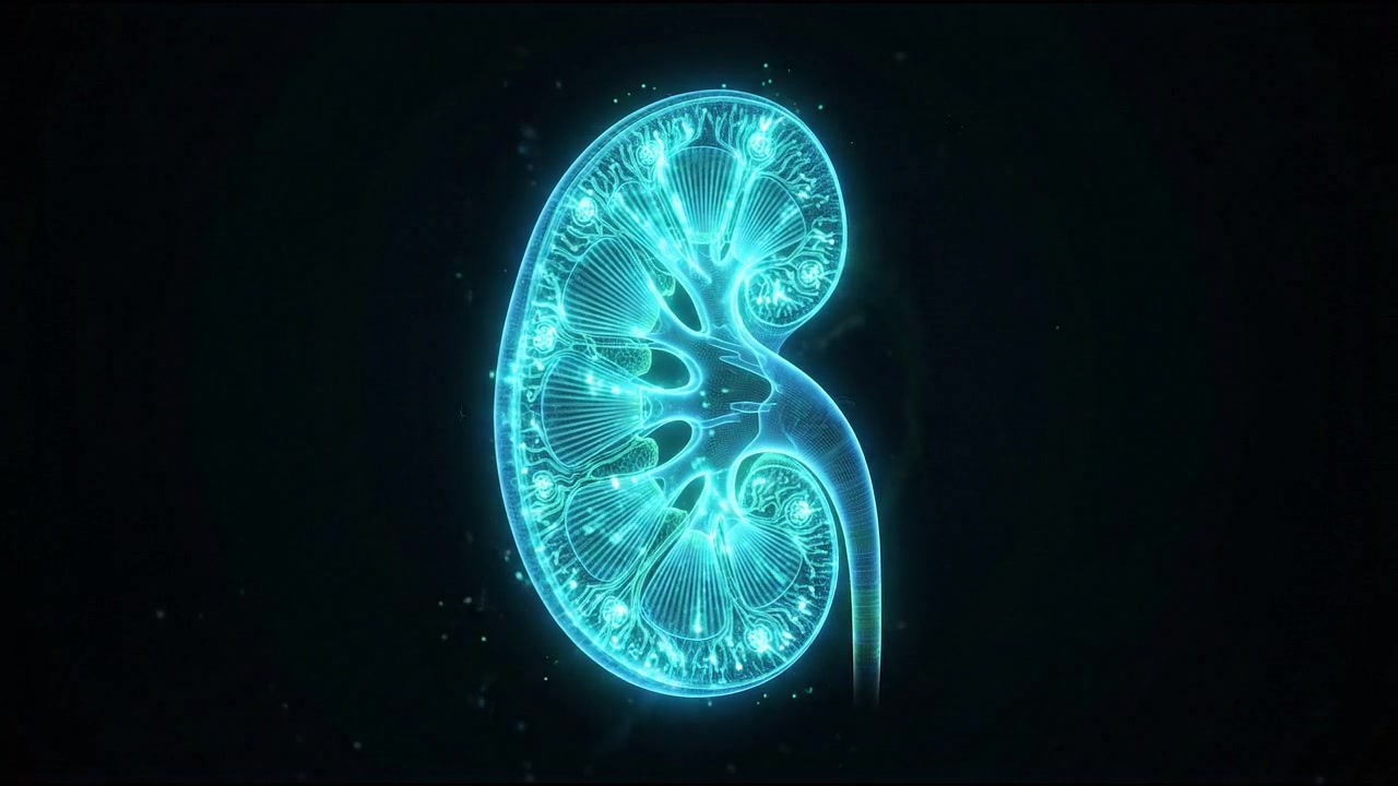 Glowing blue single human kidney model on dark background