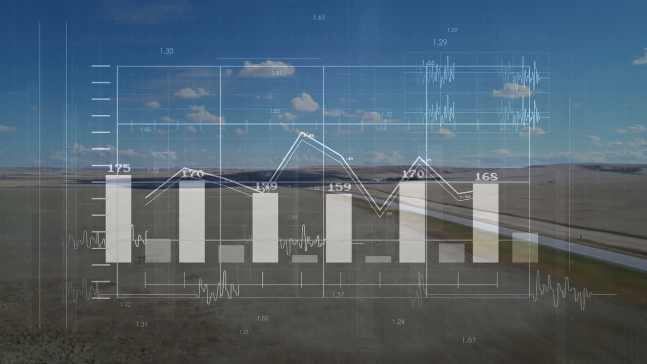 Translucent bar chart overlay being visualized over rural landscape, showing white line graph peaks