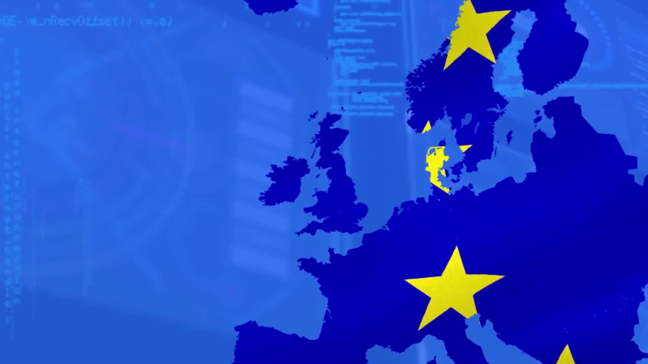 Animacja flagi Unii Europejskiej na tle mapy Europy na niebieskim tle.