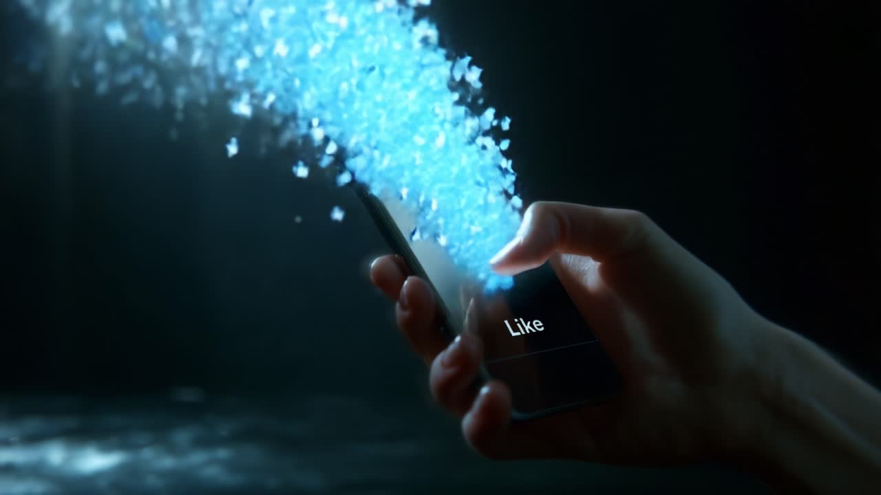 A Captivating Visual of Digital Engagement Featuring a Hand Holding a Smartphone with a Stream of Floating Blue Particles Evoking the 'Like' Interaction in Social Media