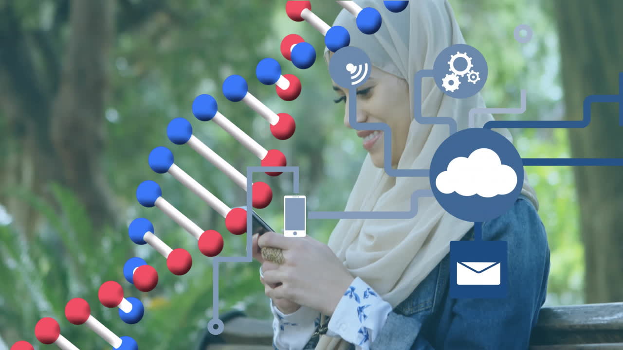 Smiling woman using smartphone with digital cloud and DNA animation overlay