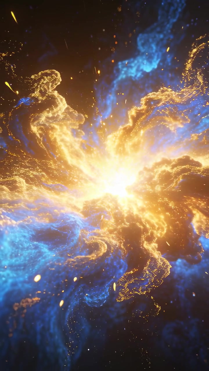 Video vertical: Núcleo brillante pulsante liberando zarcillos dorados, gas azul y chispas en un campo estelar oscuro.