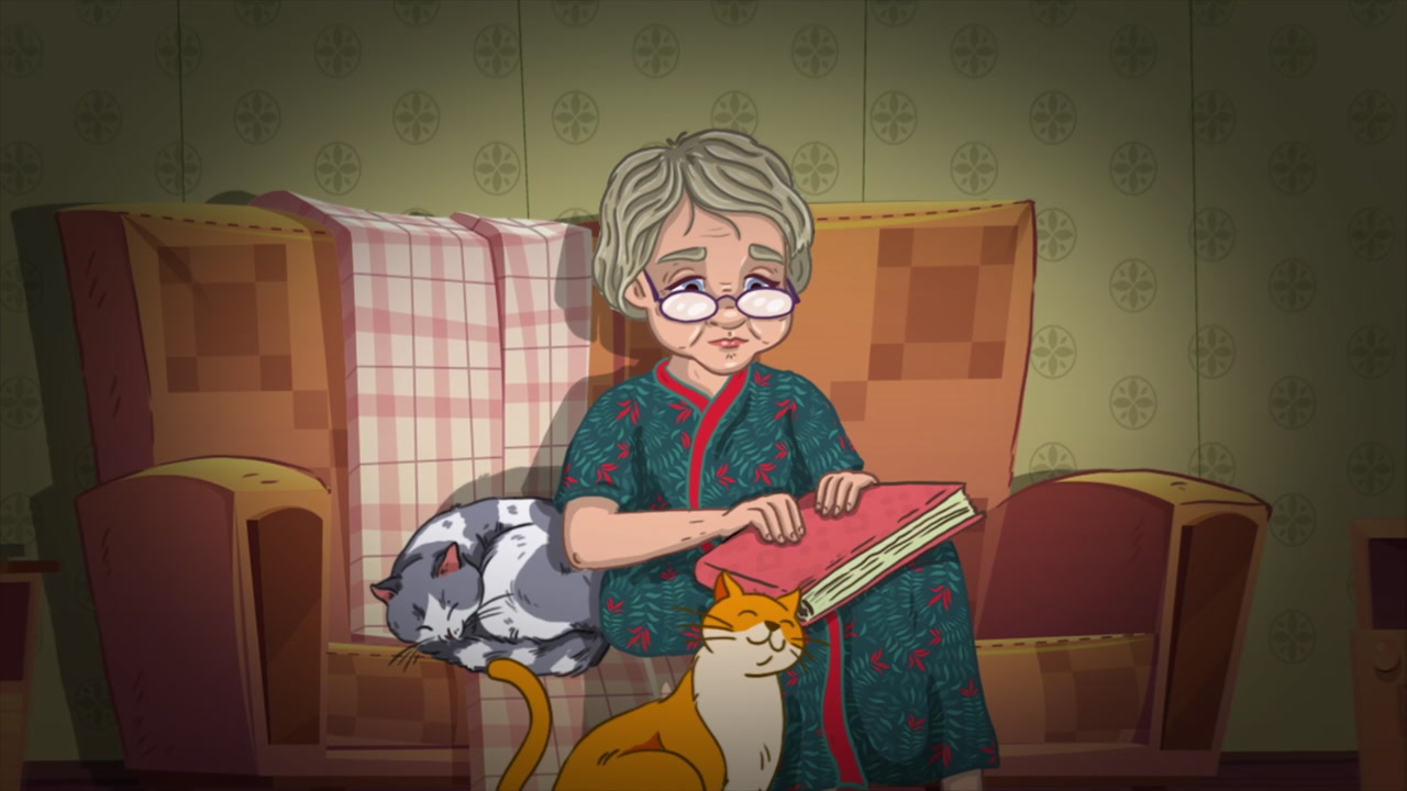 White Grandmother Reading Book On Sofa, Round Glasses Perched, Plaid Blanket Over Armchair, Ginger Cat Curled