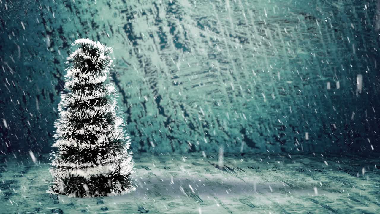 chritmas tree with blinking lights gange mask under falling snow