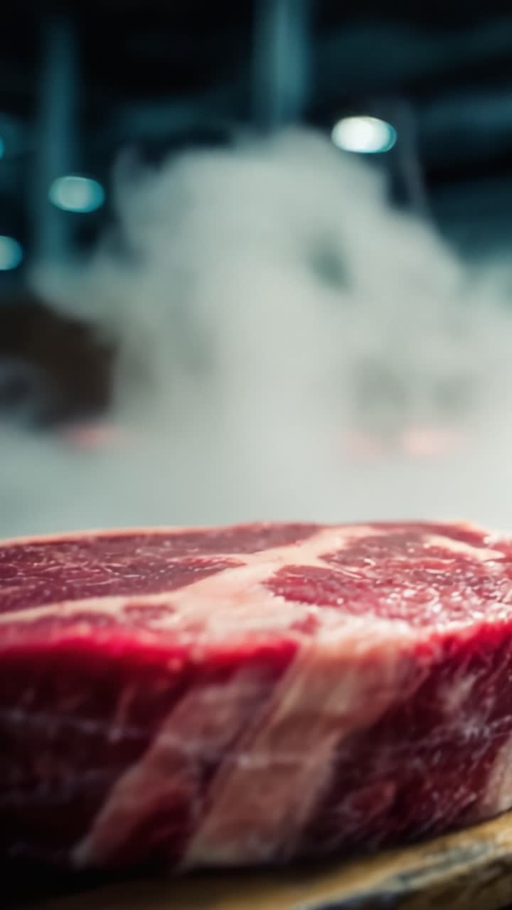 Visually Captivating Close-Up of Fresh, Marbled Steak with Steamy Background, Highlighting the Juicy Texture and Rich Color of Premium Quality Meat