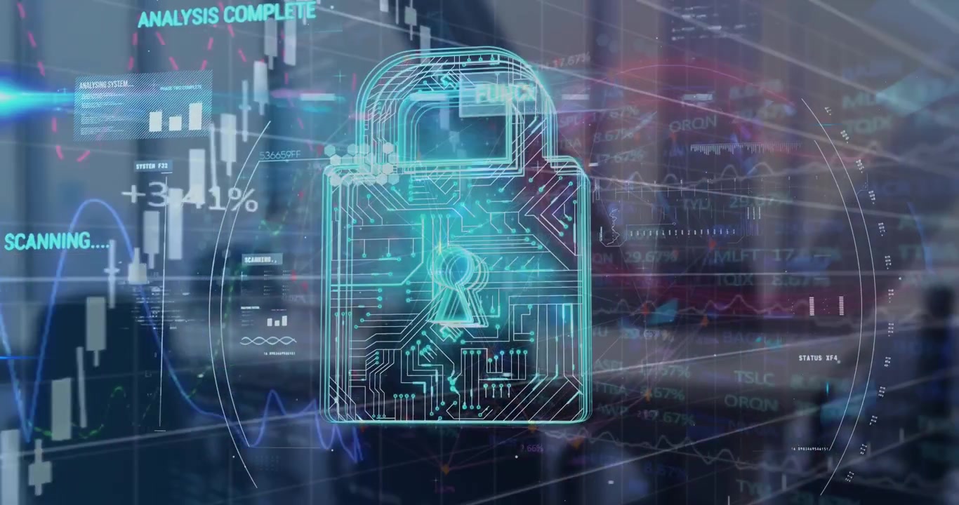 Animation of data processing and padlock over city
