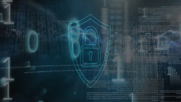 Animation of data processing and padlock icon over dark background