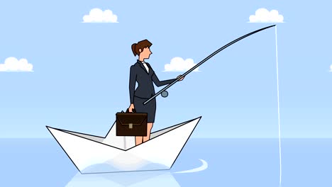 flat cartoon businesswoman character fisher with fishing rod floating on paper boat businesss concept animation