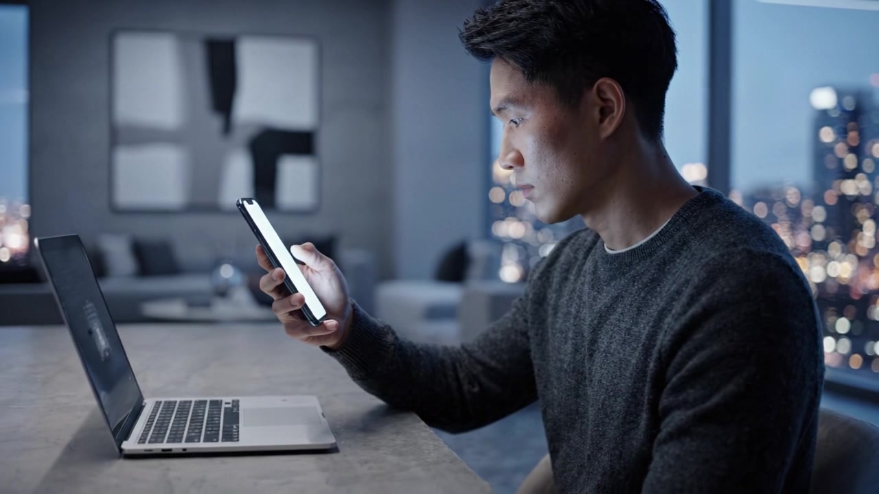A focused man engages with his smartphone while sitting at a desk with a laptop during a calm evening in an urban environment illuminated by city lights.