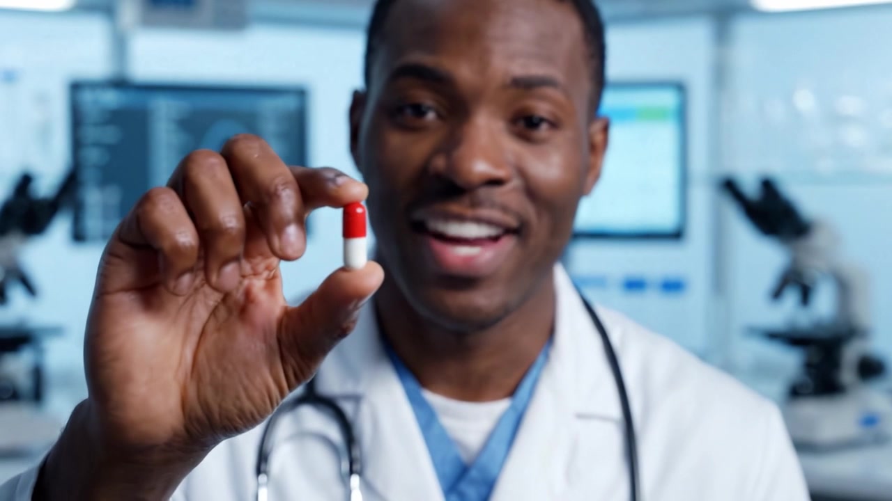 Un professionista sanitario sorridente in un laboratorio che tiene in mano una capsula, dimostrando un impegno verso la medicina e la cura del paziente attraverso la ricerca innovativa