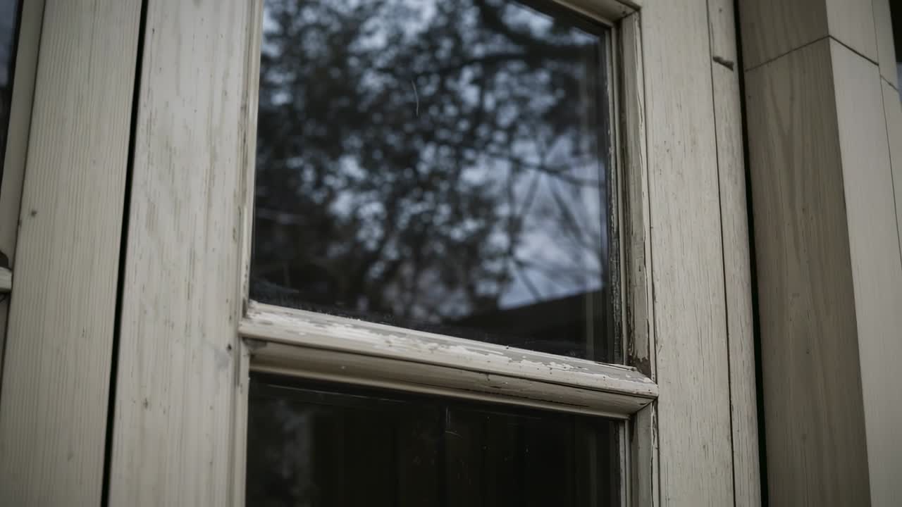 Panning camera revealing wooden window at home facade, showing peeling paint and tree reflection