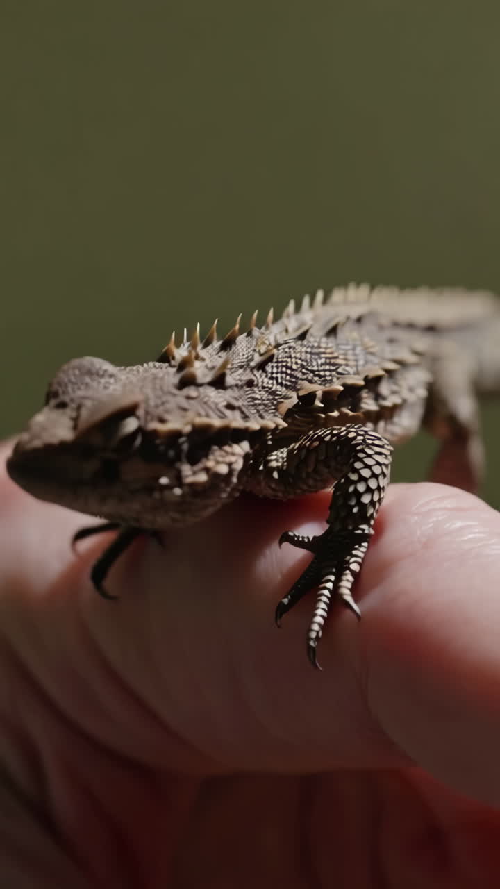 Close-up of a small lizard held in a human hand